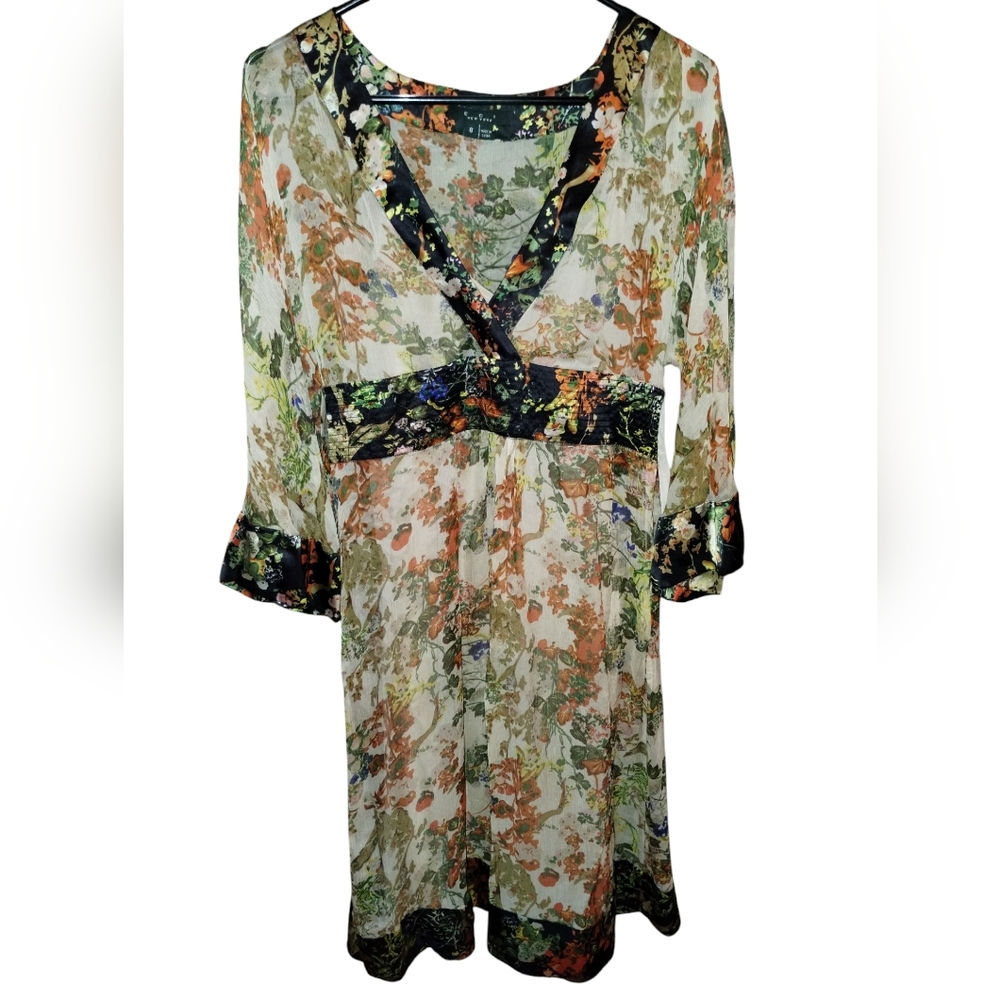 E C I New York dress sheer dress with tan slip, wide sleeves, v neck